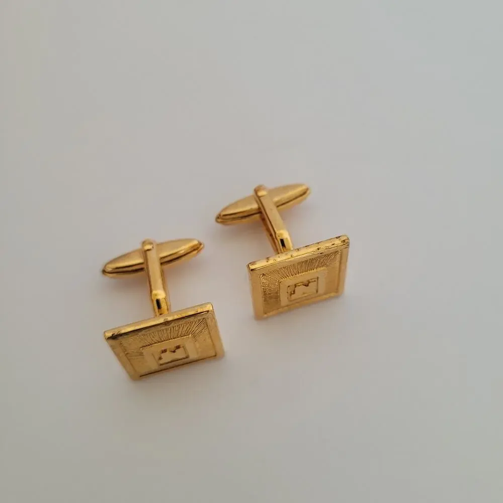 Nina Ricci N French Cufflinks Set Gold Tone Logo Rectangle Box Retro Vintage
